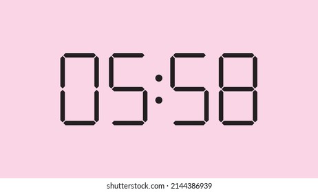 Digital clock close up displaying 5:58 o'clock, am or pm, simple flat black icon vector eps 10