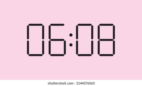 Digital clock close up displaying 6:08 o'clock, am or pm, simple flat black icon vector eps 10
