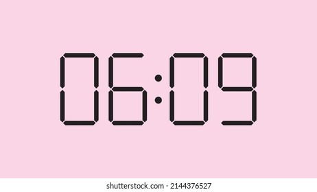 Digital clock close up displaying 6:09 o'clock, am or pm, simple flat black icon vector eps 10