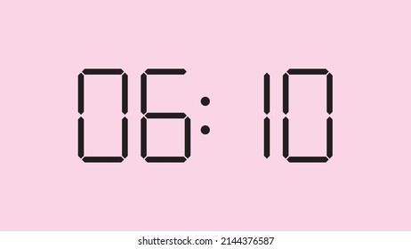 Digital clock close up displaying 6:10 o'clock, am or pm, simple flat black icon vector eps 10