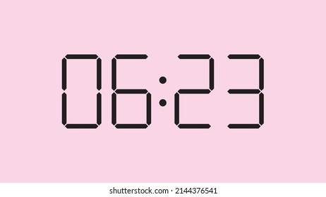 Digital clock close up displaying 6:23 o'clock, am or pm, simple flat black icon vector eps 10