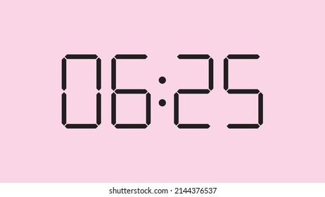 Cierre del reloj digital mostrando las 6:25 en punto, am o pm, simple icono plano negro vector eps 10