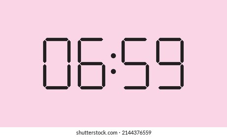 Digital clock close up displaying 6:59 o'clock, am or pm, simple flat black icon vector eps 10