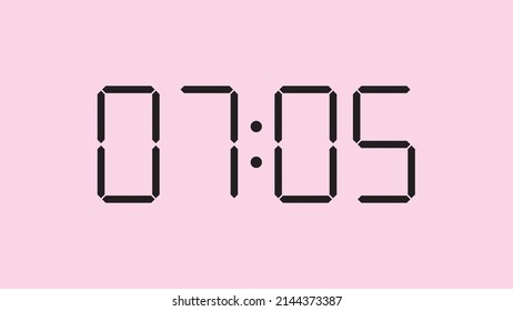 Digital clock close up displaying 7:05 o'clock, am or pm, simple flat black icon vector eps 10