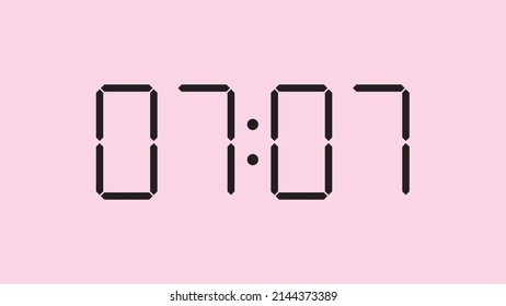 Digital clock close up displaying 7:07 o'clock, am or pm, simple flat black icon vector eps 10