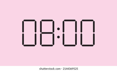 Digital clock close up displaying 8:00 o'clock, am or pm, simple flat black icon vector eps 10