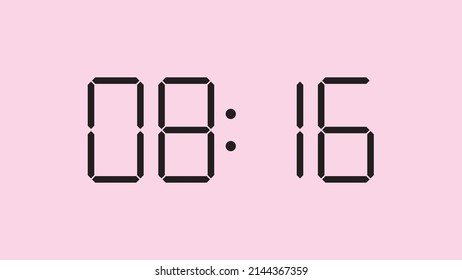 Digital clock close up displaying 8:16 o'clock, am or pm, simple flat black icon vector eps 10