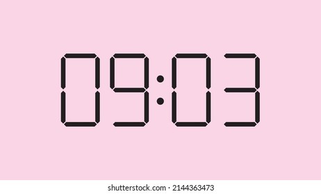 Digital clock close up displaying 9:03 o'clock, am or pm, simple flat black icon vector eps 10