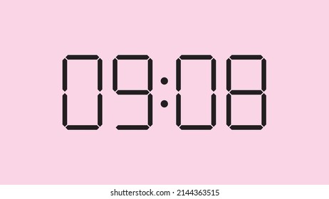 Digital clock close up displaying 9:08 o'clock, am or pm, simple flat black icon vector eps 10