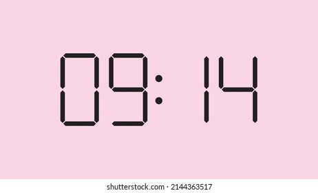 Digital clock close up displaying 9:14 o'clock, am or pm, simple flat black icon vector eps 10
