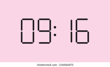Digital clock close up displaying 9:16 o'clock, am or pm, simple flat black icon vector eps 10