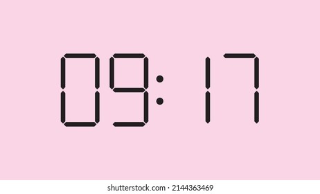 Digital clock close up displaying 9:17 o'clock, am or pm, simple flat black icon vector eps 10