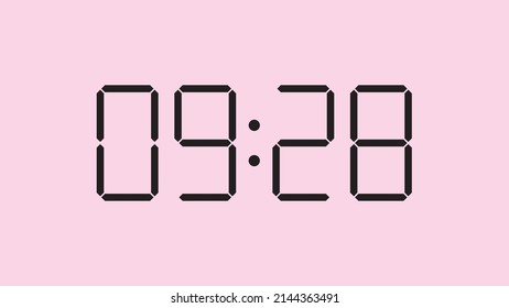 Digital clock close up displaying 9:28 o'clock, am or pm, simple flat black icon vector eps 10
