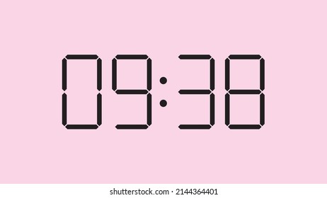 Digital clock close up displaying 9:38 o'clock, am or pm, simple flat black icon vector eps 10