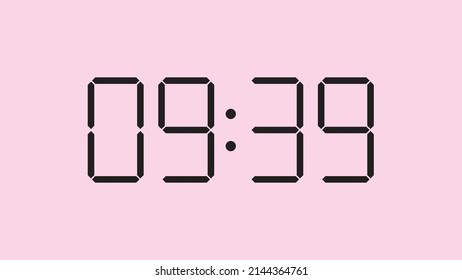 Digital clock close up displaying 9:39 o'clock, am or pm, simple flat black icon vector eps 10