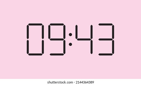 Digital clock close up displaying 9:43 o'clock, am or pm, simple flat black icon vector eps 10