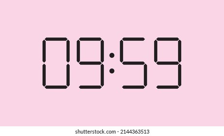 Digital clock close up displaying 9:59 o'clock, am or pm, simple flat black icon vector eps 10