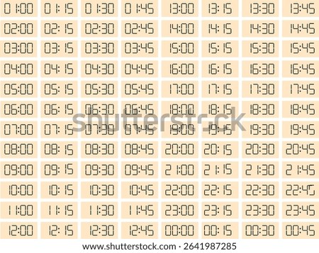 Digital clock close up displaying all o'clock, simple flat black icon and backgraund Blanched Almond -  vector eps 10