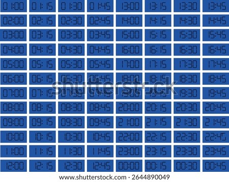 Digital clock close up displaying all o'clock, simple flat black icon and backgraund Blue -  vector eps 10