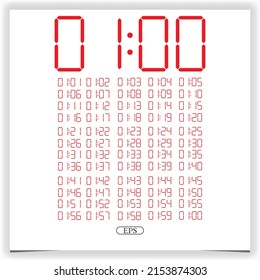Digital clock closeup displaying 1 o'clock. Red Digital clock number set electronic figures Premium Vector
