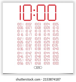Digital clock closeup displaying 10 o'clock. Red Digital clock number set electronic figures Premium Vector