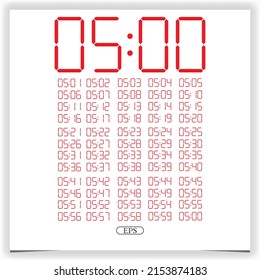 Digital clock closeup displaying 5 o'clock. Red Digital clock number set electronic figures Premium Vector