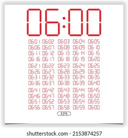 Digital clock closeup displaying 6 o'clock. Red Digital clock number set electronic figures Premium Vector