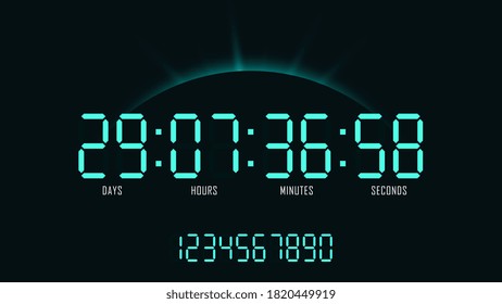 Digital clock with countdown on sunrise background. Layout of numbers for website design and promotion. Vector illustration.