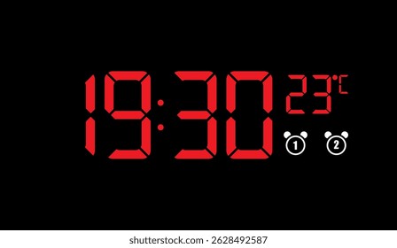 Relógio Digital Exibindo 19:30 com Temperatura em Vermelho, Mostrando Dois Ícones de Alarme em um Plano de Fundo Preto para Timekeeping e Gerenciamento de Cronograma