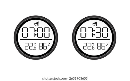 Digital Clock Displaying Morning Time and Atmospheric Conditions in Black and White, a Modern Representation of Timekeeping and Environmental Monitoring