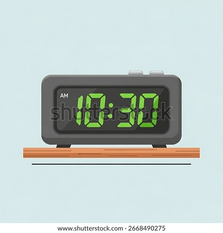 A digital clock displays 10:30 AM on a wooden shelf.