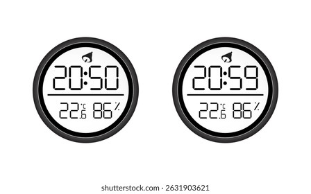 Digital Clock Duo: Displaying Time, Temperature and Humidity, Modern Black Framed Gadgets on White Background, Precise Readings for Timekeeping and Environment Monitoring