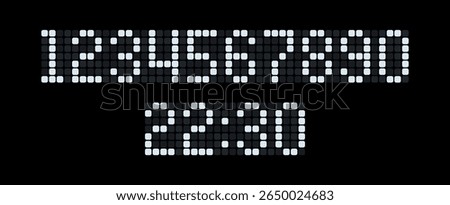 Digital clock font showing numbers zero to nine. Pixelated led display for modern timekeeping design.