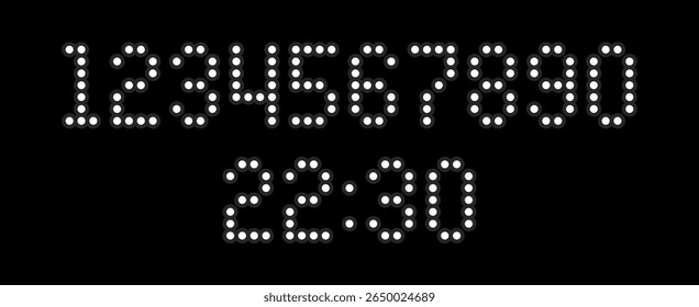 Vetor de fonte de relógio digital e números de matriz de pontos claros exibem a hora. Projeto de placa de pontuação eletrônica para aplicação.