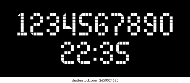 Digital clock font vector with number set from zero to nine and time representation. Numeric display for electric device.