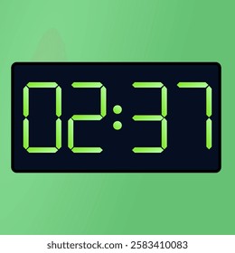 Digital clock icon. Black smartwatch interface displaying 02:37 vector on a green background. digital clock