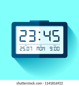 Digital Clock icon in flat style, timer on blue background. 23:45. Simple watch. Vector design element for you business projects