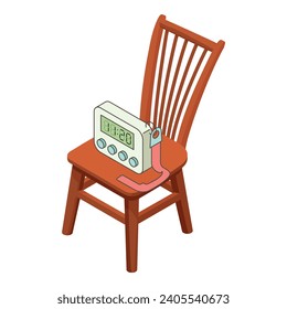 Digital clock icon isometric vector. Led digital alarm clock on wood chair icon. Time concept, interior element