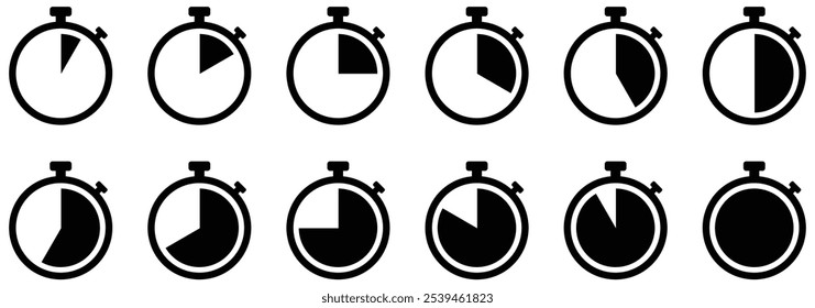 Digital Clock Icon. Digital stopwatch or timer, Countdown from 0 to 60 minute and 0 to 60. Cooking time, holding time, baking, delivery for app. Isolated on white Background.