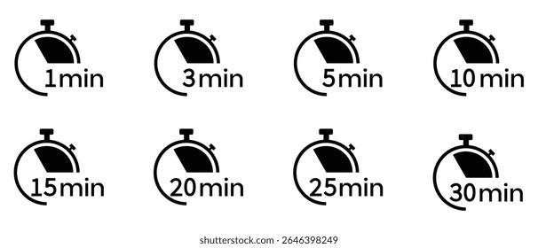 Ícone Relógio Digital. Cronômetro ou temporizador digital. 1, 3, 5, 10, 15, 20, 25 ou 30 min, ótimo design para qualquer contagem regressiva. Cozinhar, esporte, assar, hora de entrega, tempo de espera. Ilustração vetorial.