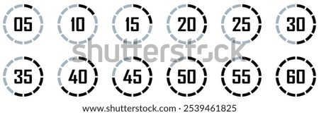 Digital Clock Icon. Digital stopwatch or timer, Countdown from 0 to 60 minute and 0 to 60. Cooking time, holding time, baking, delivery for app. Isolated on white Background.