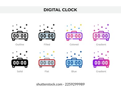 Digital clock icons in different style. Digital clock icons set. Holiday symbol. Different style icons set. Vector illustration