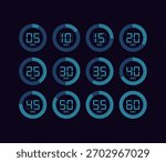 Digital clock icons displaying time intervals from 5 to 60 seconds in 5 second steps. Blue futuristic neon style on a dark background.