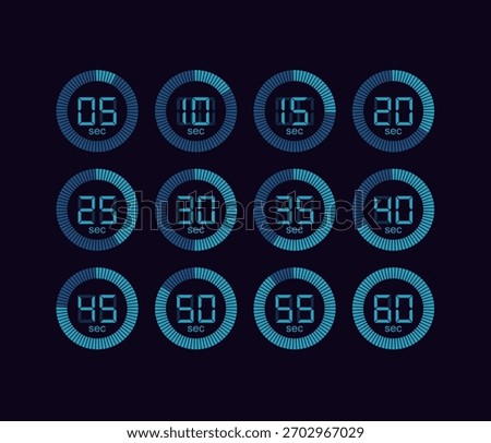 Digital clock icons displaying time intervals from 5 to 60 seconds in 5 second steps. Blue futuristic neon style on a dark background.