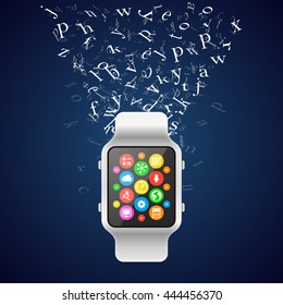 Digital clock with icons and flying letters. Vector illustration