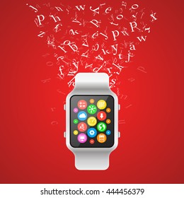 Digital clock with icons and flying letters. Vector illustration