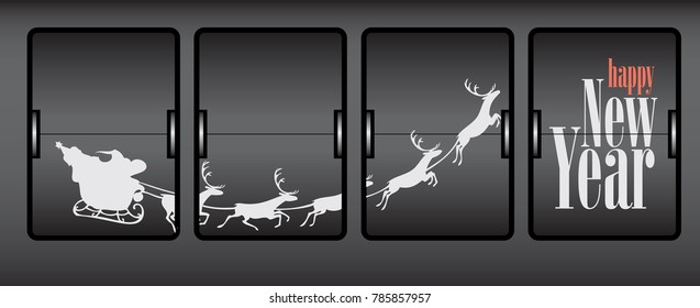 Digital clock for the new year, Santa Claus sleigh and the text of Happy New Year