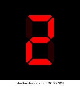 Digital clock number 2. Red led digit 2. Two.  Electronic figures. Vector illustration.
