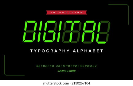 Alfabeto verde número reloj digital. La tecnología numérica lleva una tipografía simple moderna. Vector aislado