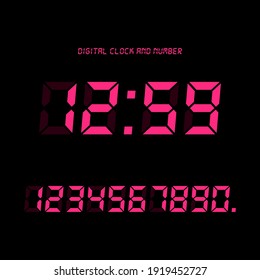 Digital clock and number set, Electronic figures. Deep pink Digital LED numbers. Black background. Isolated icon. Flat style vector illustration.